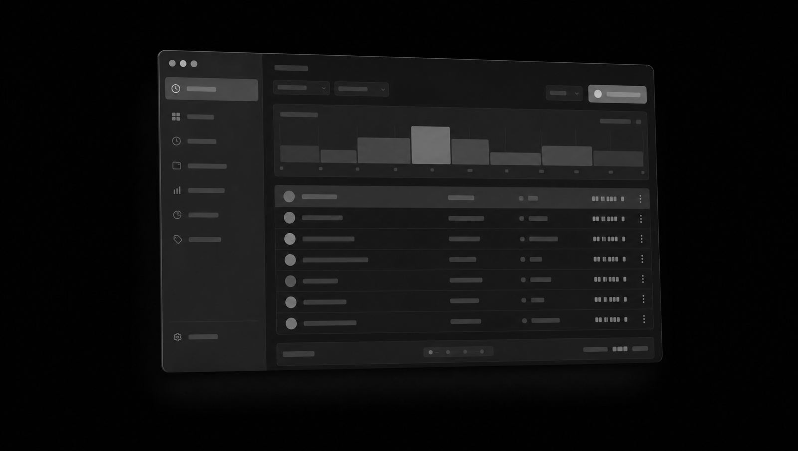 A dark desktop app window showing a sidebar and a list of tracked rows